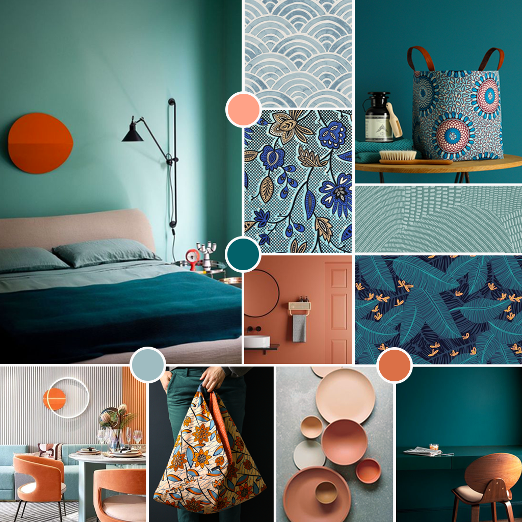 moodboard décoration bleu, orange, céladon