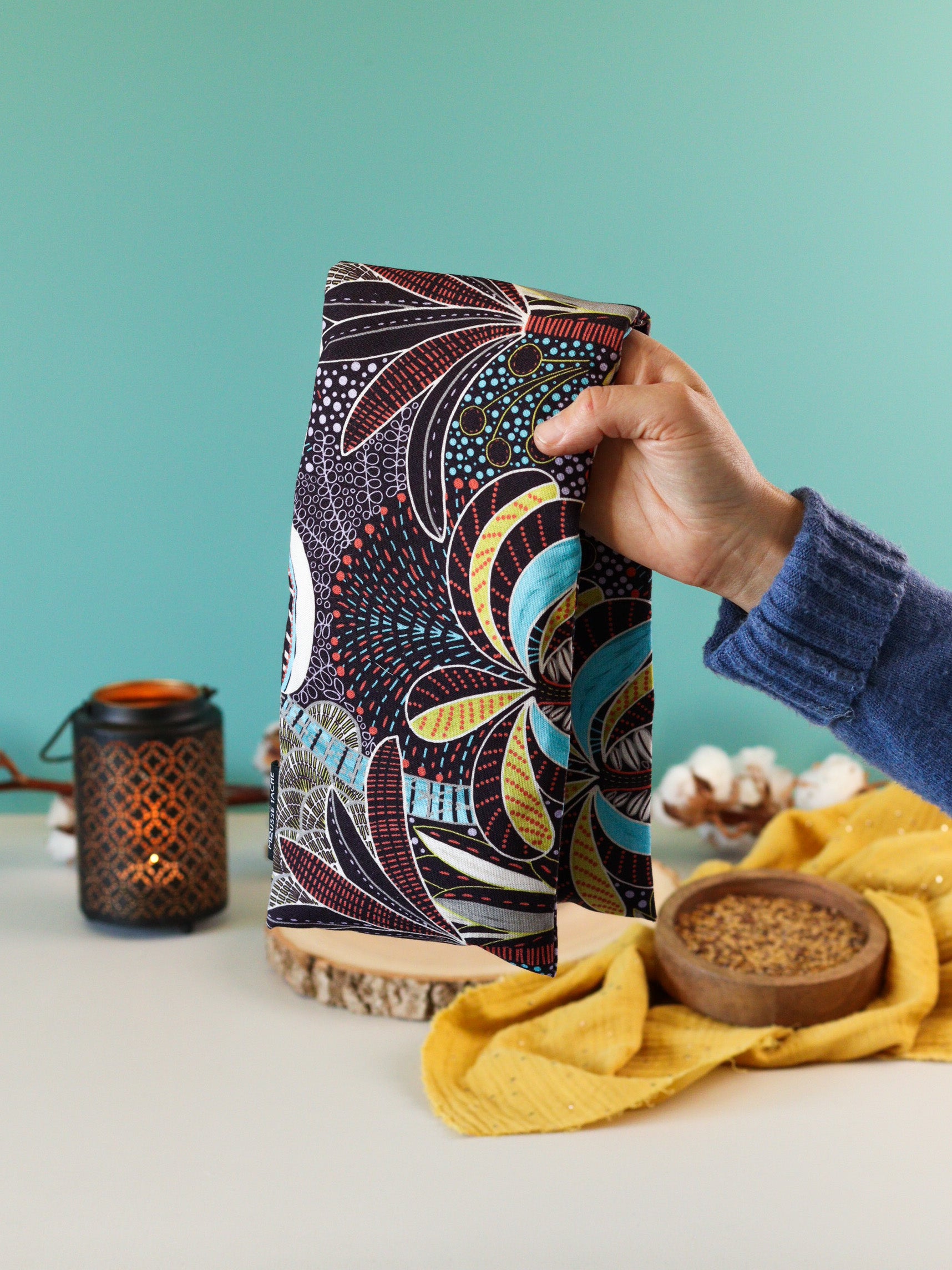 bouillotte graines lin bio artisanale made in france palmier noir jaune bleu