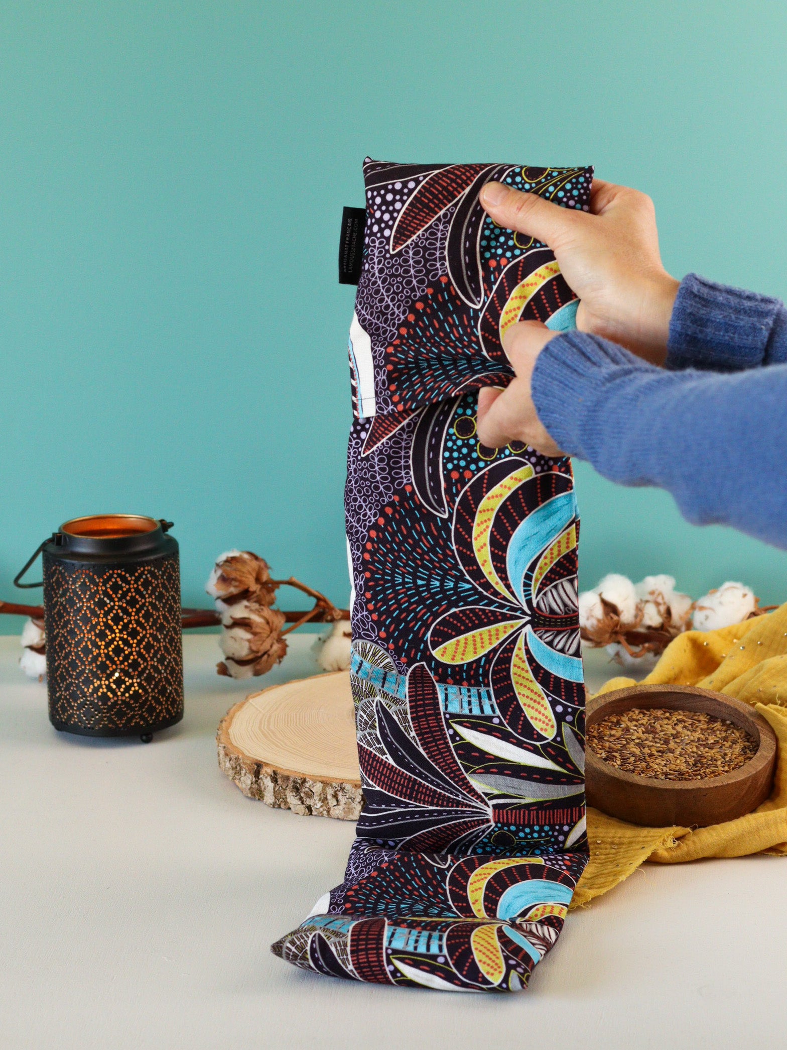 bouillotte graines lin bio artisanale made in france palmier noir jaune bleu