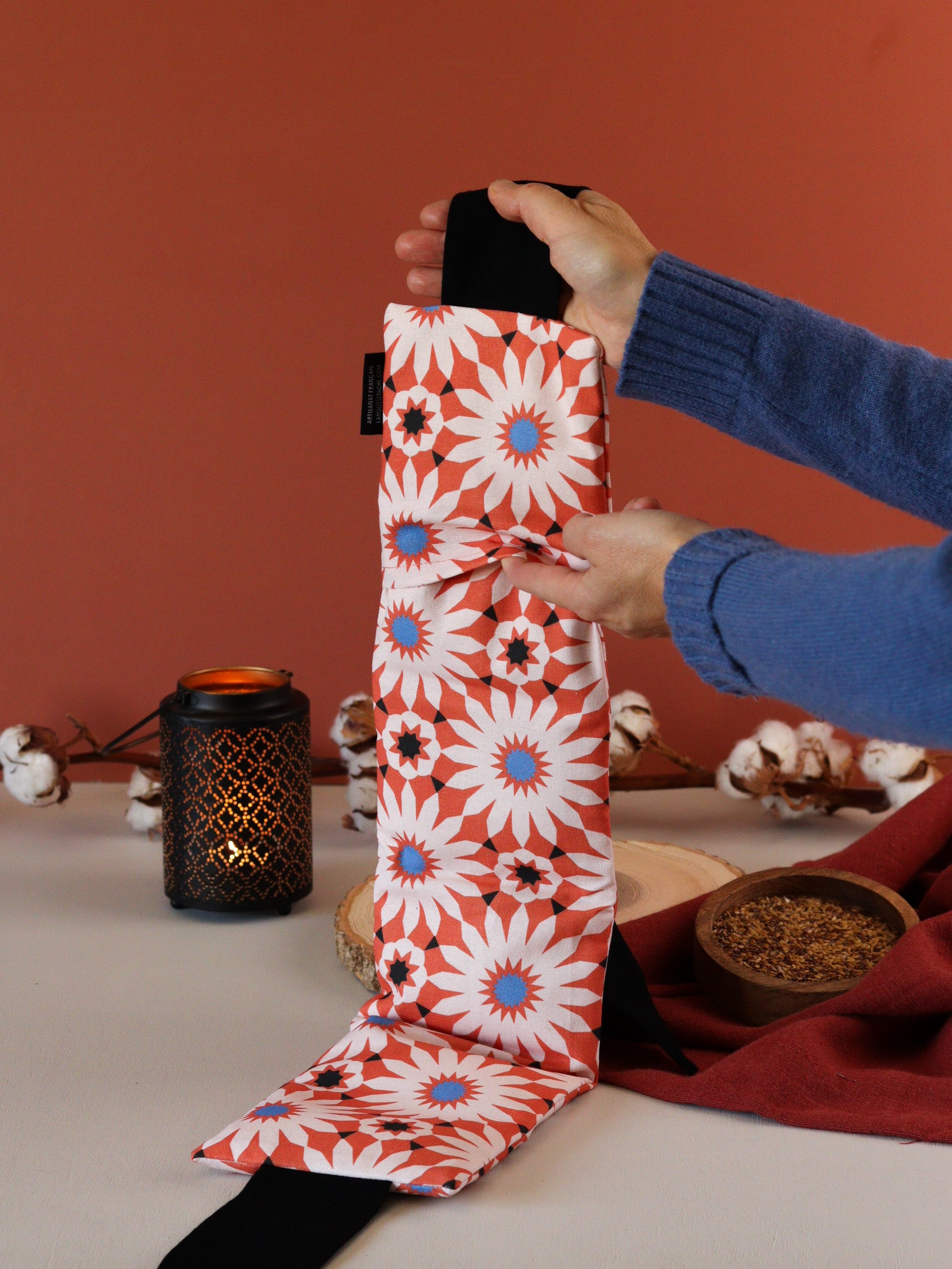 ceinture bouillotte colorée orange aux graines lin bio, fabrication française, déhoussable