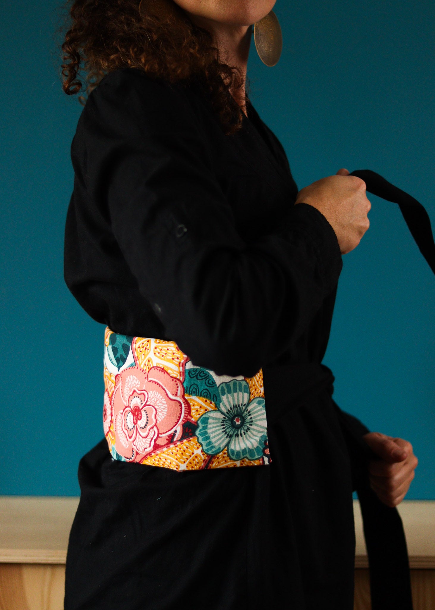 ceinture longue chauffante naturelle avec liens en tissu pour thermothérapie et cryothérapie, soulage le ventre et le dos, aux graines de lin bio, tissu fleurs multicolores