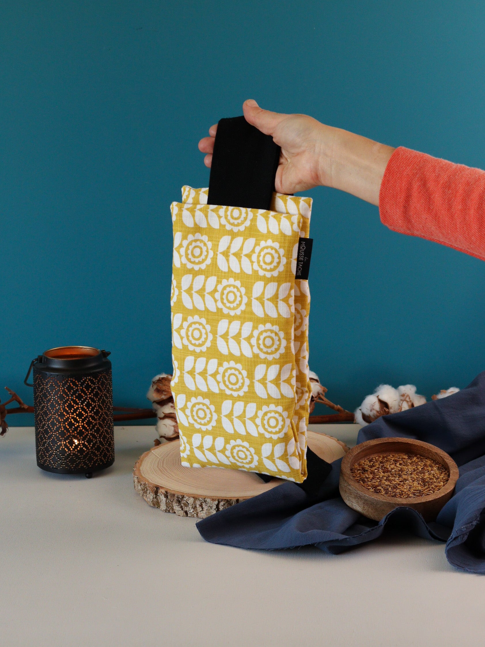 ceinture chauffante naturelle graines lin bio pour soulager dos ventre cadeau ecoresponsable jaune