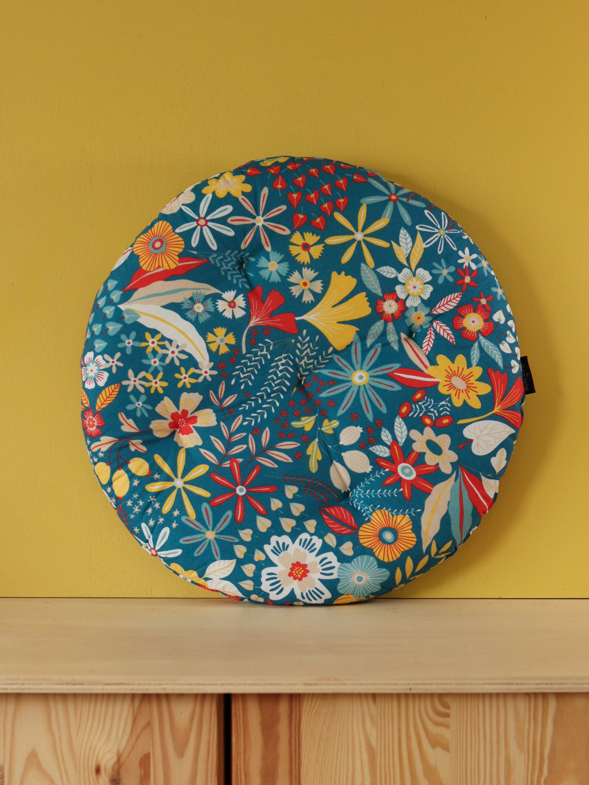 coussin chaise ou tabouret rond bleu fleurs