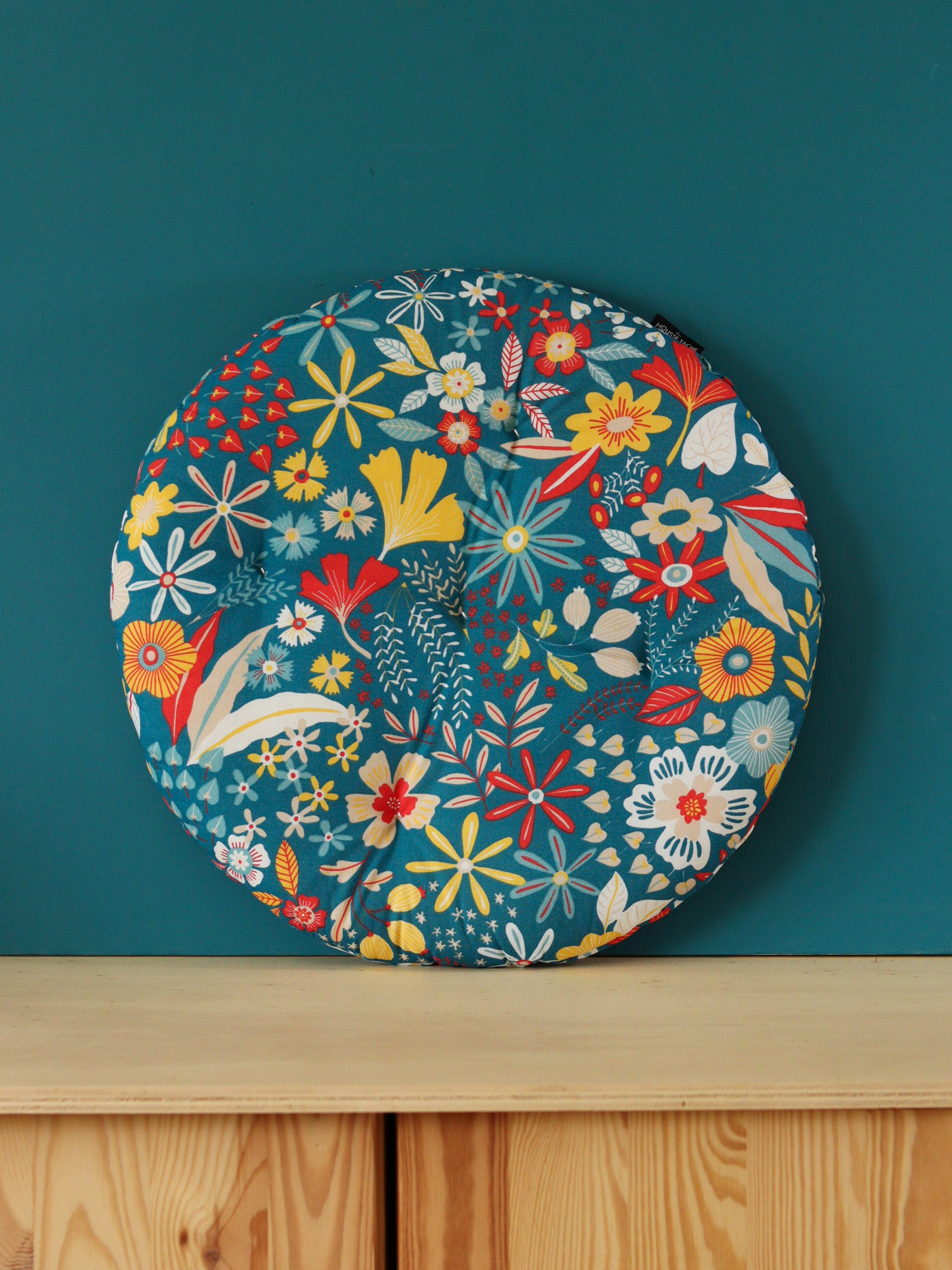 coussin chaise ou tabouret rond bleu fleurs