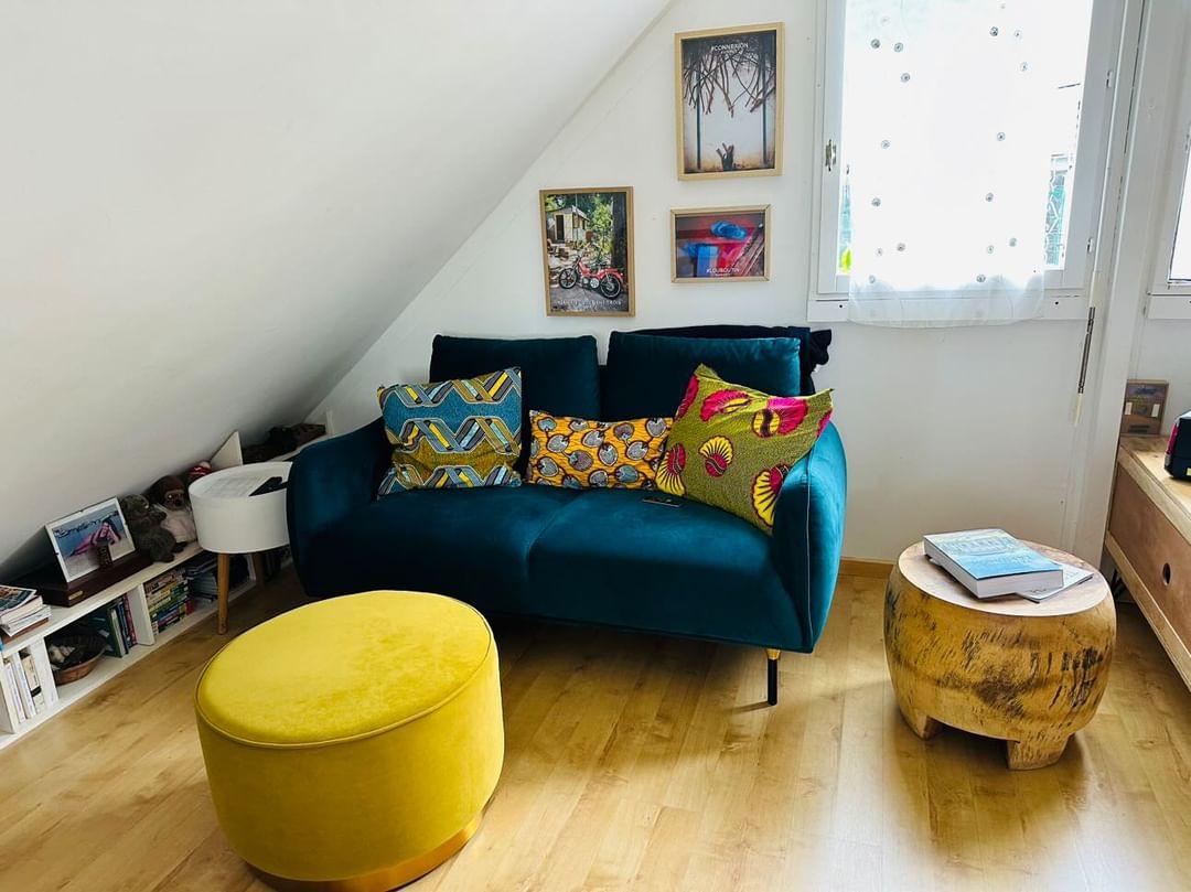 coussin wax deco salon coloré sur-mesure jaune bleu