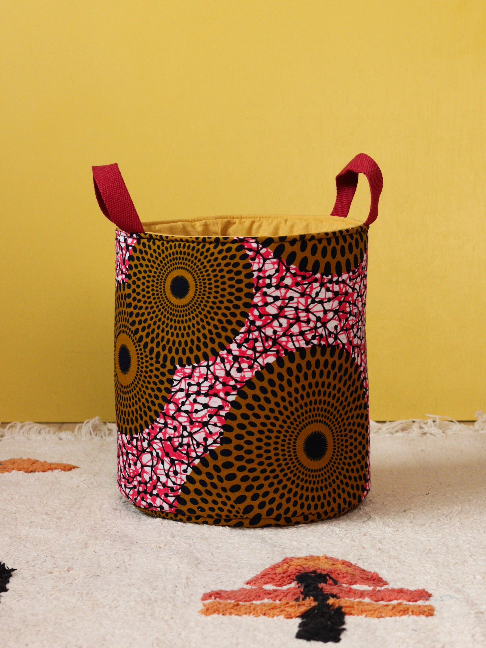 Grand panier rond Gága L Borbonica en wax africain rose et ocre, vue de face