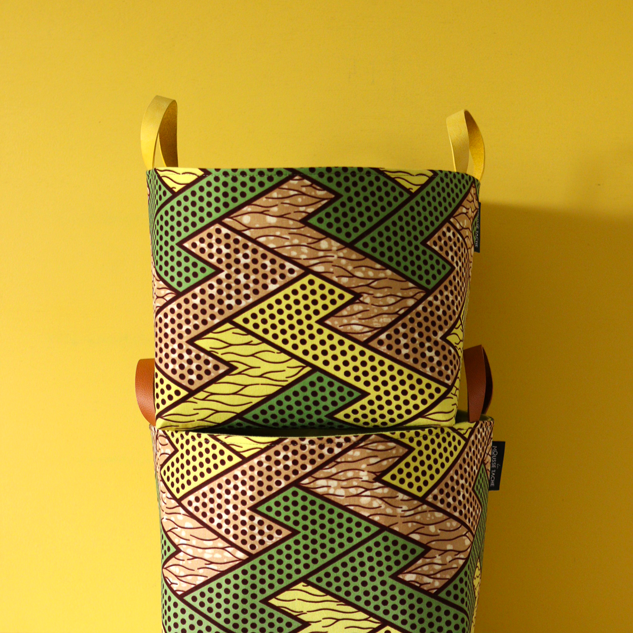 panier de rangement coloré en tissu africain vert et beige