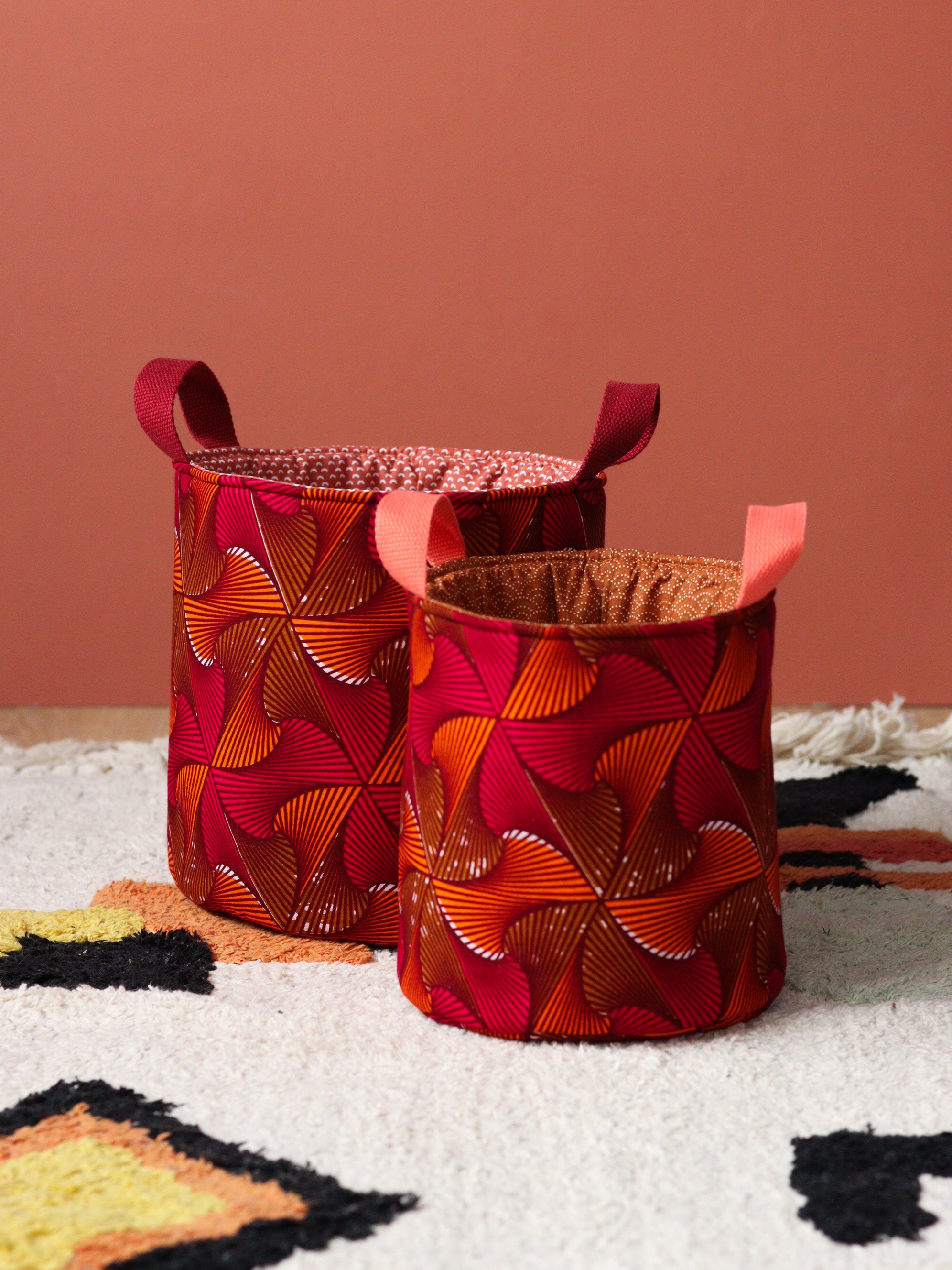 Paniers ronds wax orange rose, déco ethnique colorée