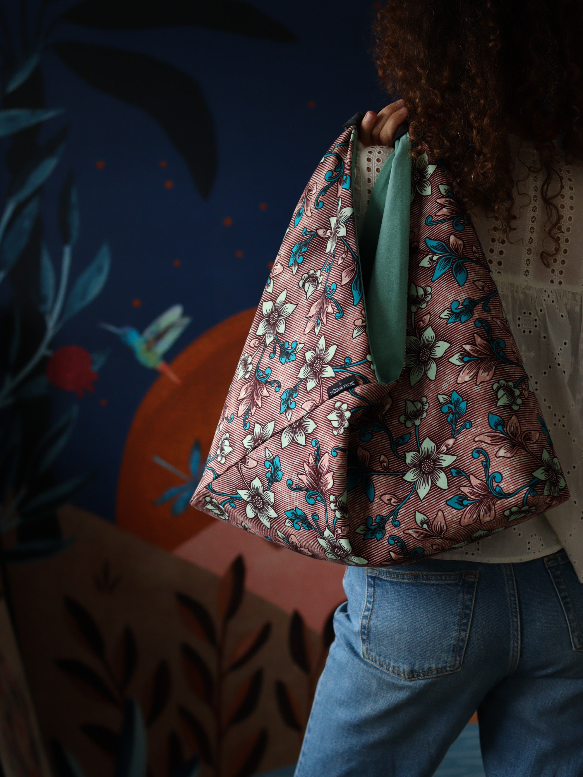 sac origami tissu africain vieux rose à fleurs