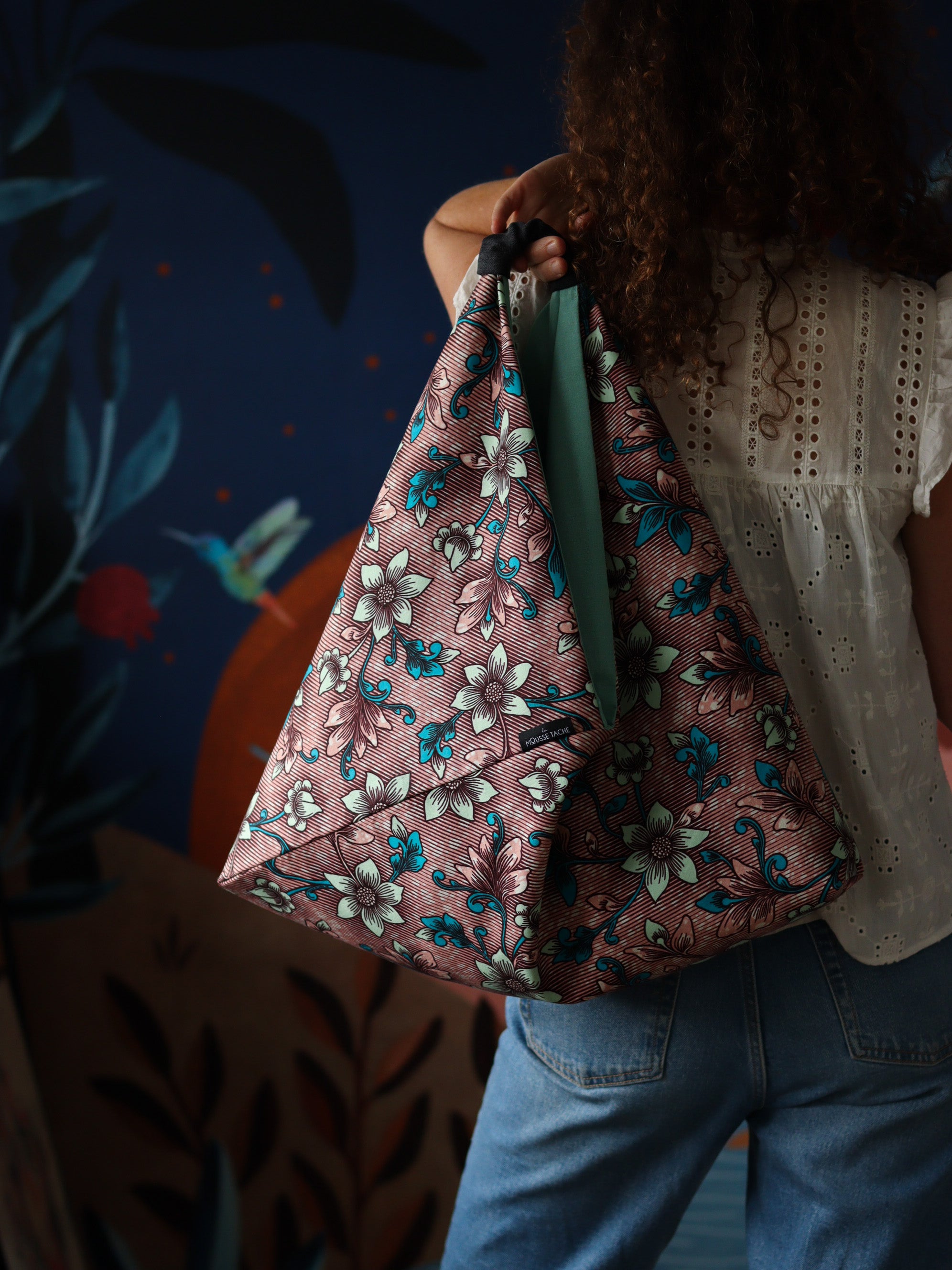 sac origami tissu africain vieux rose à fleurs