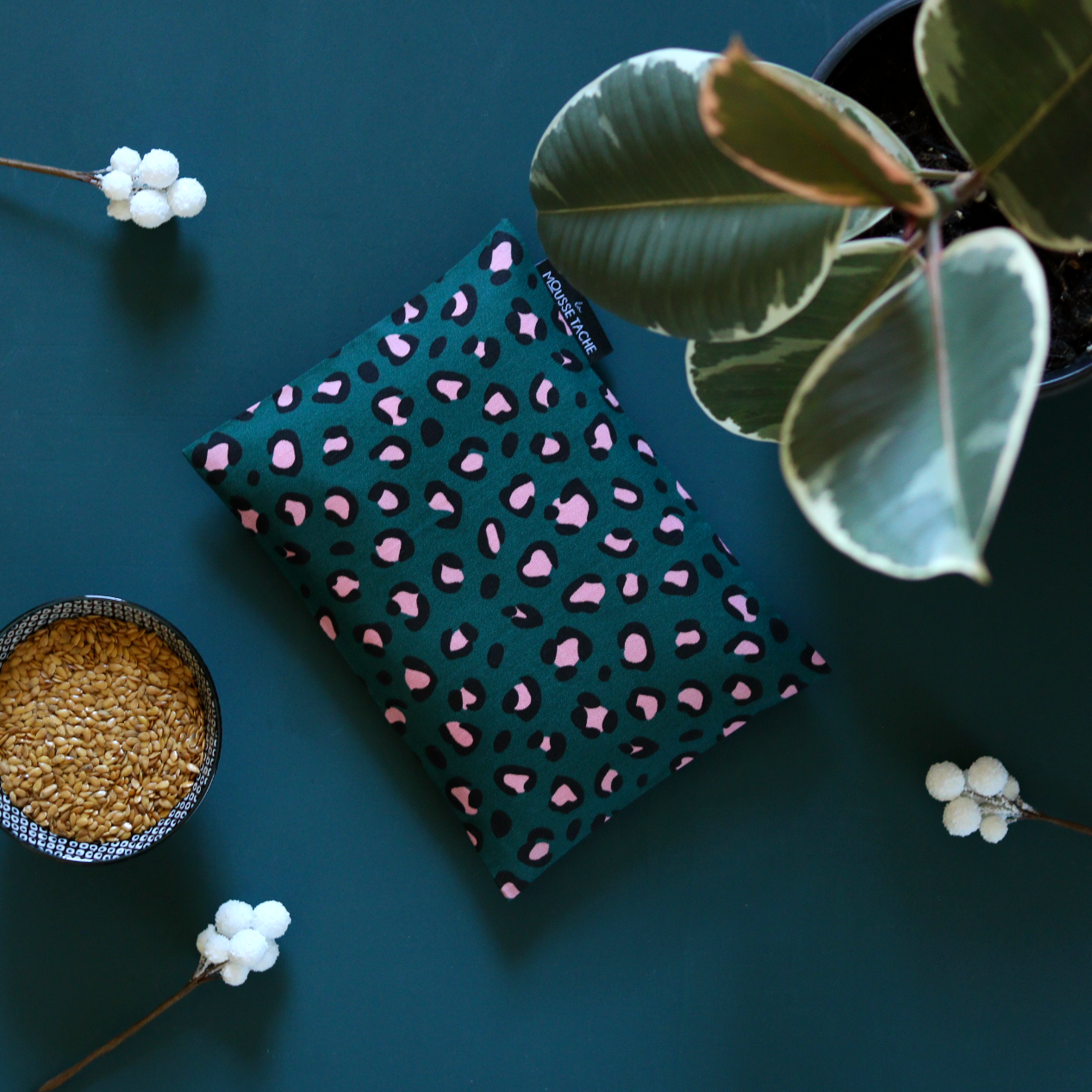 coussin chauffant leopard bleu canard rose