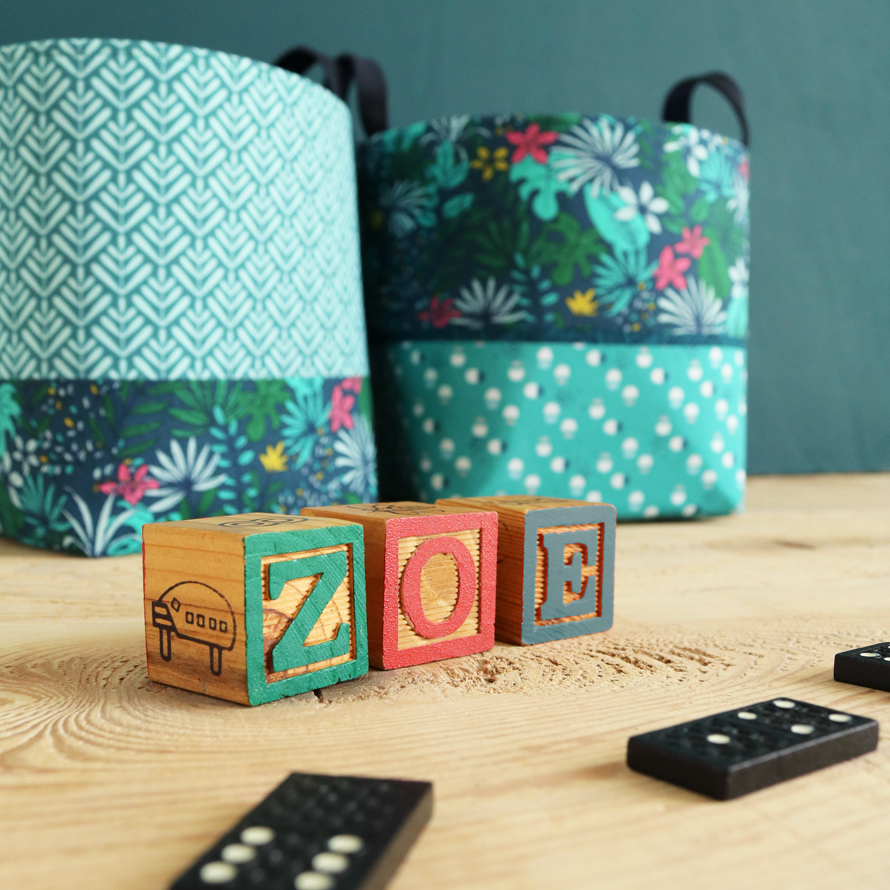 Paniers de rangement sur-mesure pour bébé / Jungle bleu canard pour Zoé - LA MOUSSE TACHE