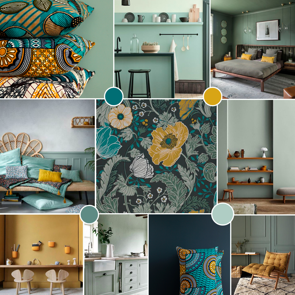 Ambiance déco nature en vert d'eau, turquoise et moutarde