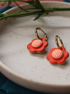 Petites créoles à fleurs colorées en cuir  terracotta et tissu à rayures, fait main en Bretagne, idée cadeau original 