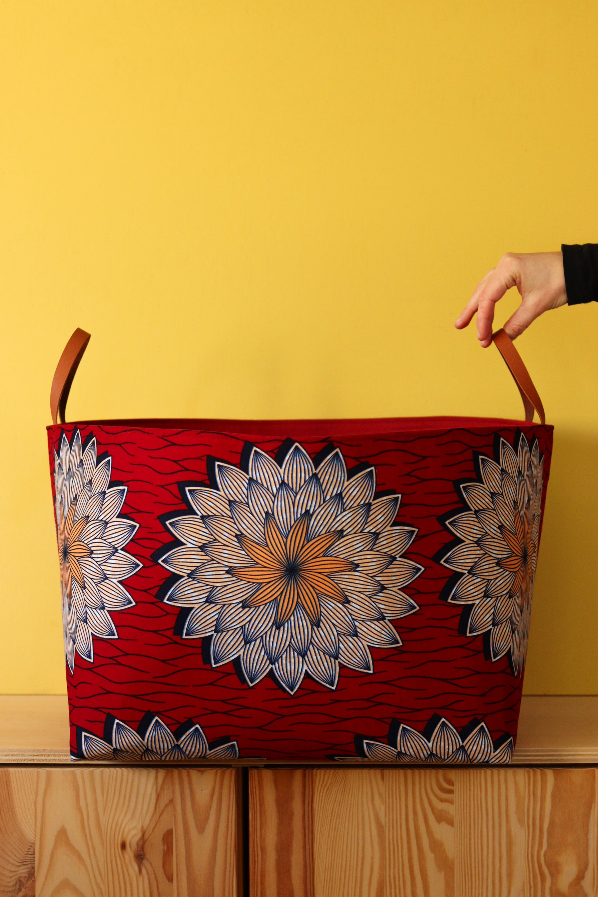 panier cache-pot grande taille bordeaux original avec anses cuir