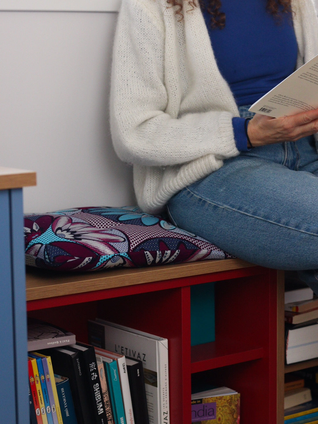 coussin de banc capitonné wax bordeaux et bleu