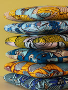 Détail wax africain jaune et bleu – galette de chaise fait-main