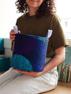 Panier rond wax bleu mauve cousu main, anses mauves, déco originale