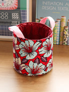 Petit panier rond Gága S Hibiscus cerise en wax africain rose et orange, vue de côté