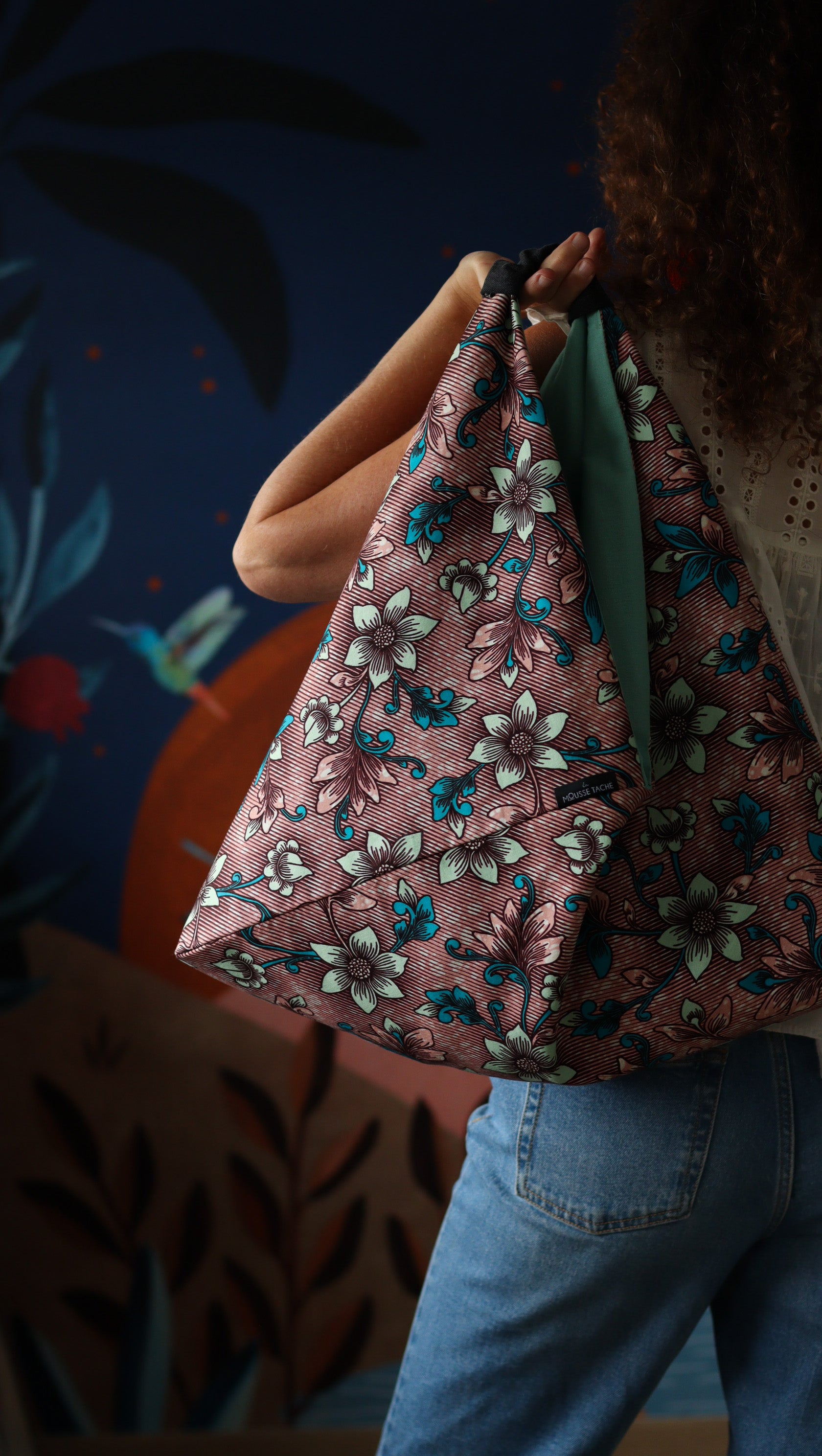 sac origami tissu africain vieux rose à fleurs