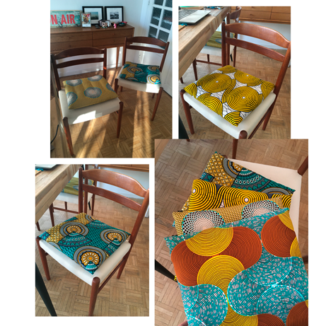 Coussins de chaise sur-mesure en wax / Turquoise et jaune pour Ryme