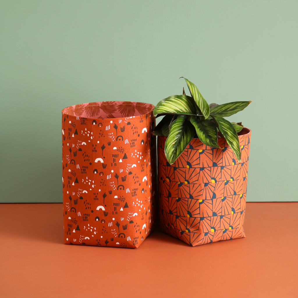 Cache-pot décoratif au motif soleil  / Terracotta & vert T1